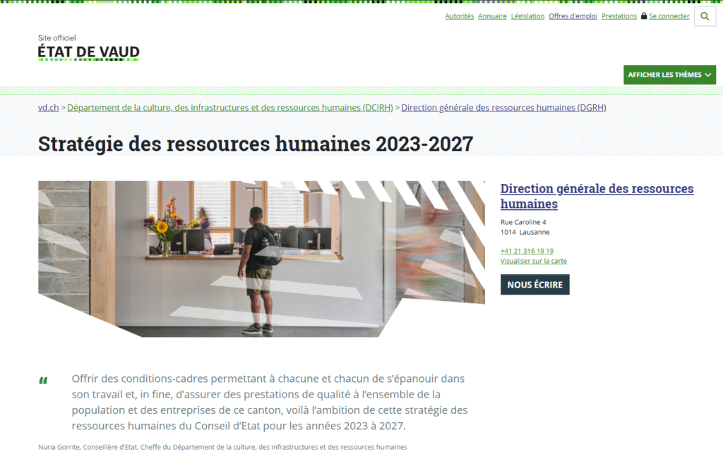 Screenshot de la page d'accueil de la stratégie des ressources humaines de l'Etat de Vaud